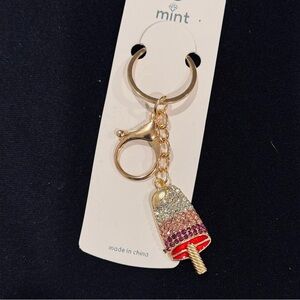 BAG CHARM Mint Popsicle Keychain Gold Tone  Purple Crystal Accents 4.25 inch